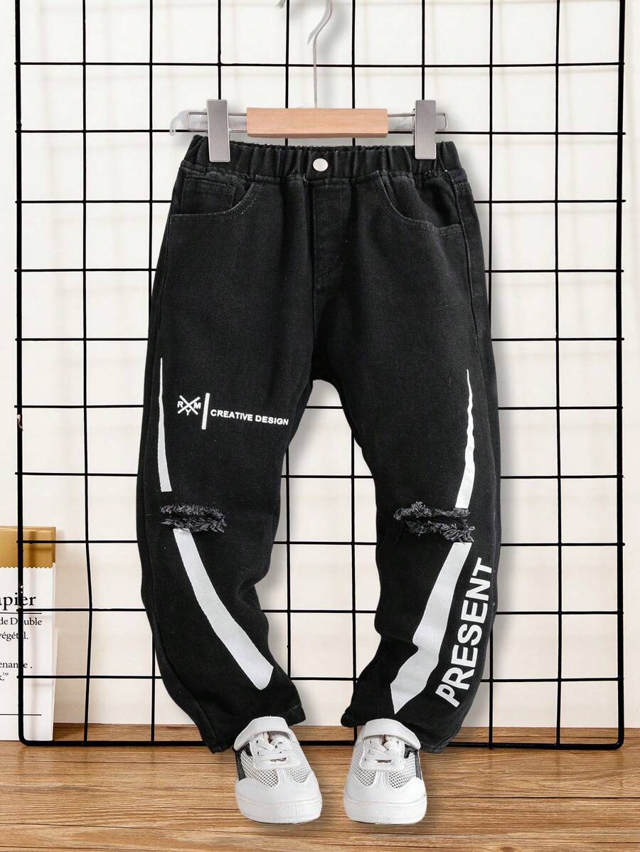 Young Boy's Fashionable Casual Hole & Printed Design Jeans