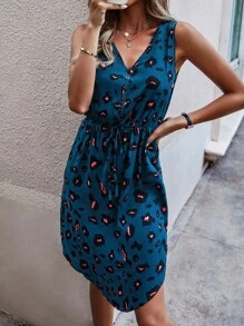 SHEIN LUNE Leopard Print Sleeveless Kimono Waist Dress - Royal Blue - View 5