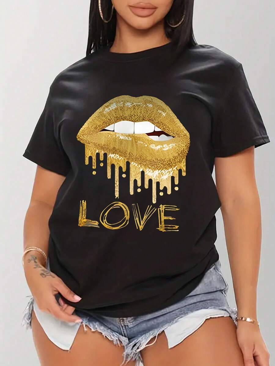 INAWLY Môi & Lá thư In Vòng cổ Ngắn tay Áo thun - màu đen - Xem 1