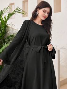 Al Najma Solid Color Modest Long Sleeve Arabian Dress And Jacquard Front Open Abaya, Fashion Robe Abaya For Casual/Festival/Gathering/Travel