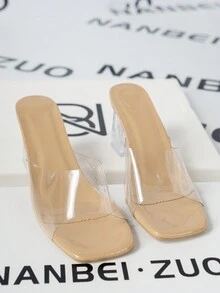 Sandalias/zapatillas de moda y versátiles para mujer en color durazno para fiestas de primavera/verano. Diseño de puntera cuadrada con cristales y tacón grueso/alto en forma de cono. - Albaricoque - Ver 4