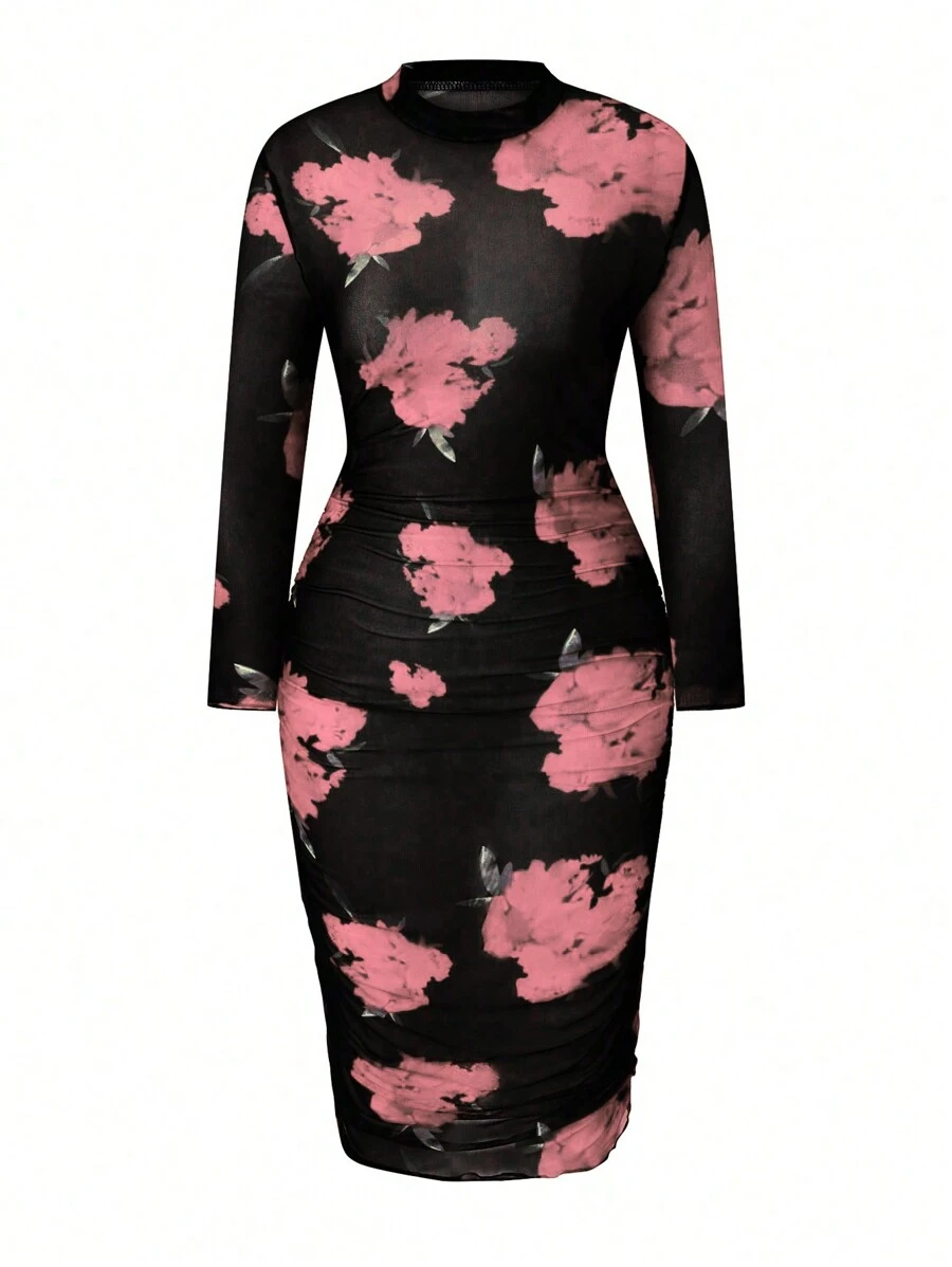 SHEIN Clasi Plus Size Floral Print Pleated Dress - Pink - View 1