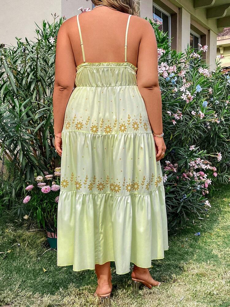 Plus Size Floral Printed Strappy Cami Dress With Ruffle Hem