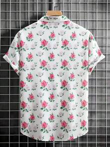 Men's Button Down Short Sleeve Shirt With Floral Print - Baby Pink - View 2