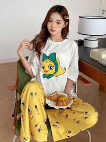 DAZY 可爱卡通印花宽松白色上衣和裤子睡衣套装夏季 - 白色 - 查看 8