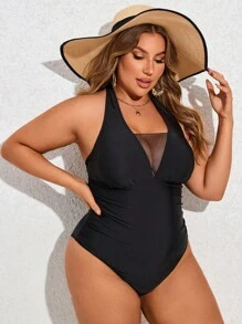 SHEIN Swim Curve Plus Size Women's One-Piece Swimsuit With Mesh Splicing And Halter Neck Tie, Bathing Suit Beach Outfit Vacay Vibe - Black - View 4