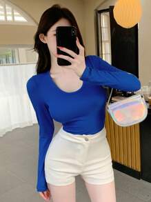 DAZY 女士修身长袖罗纹T恤，秋季服装，返校服装