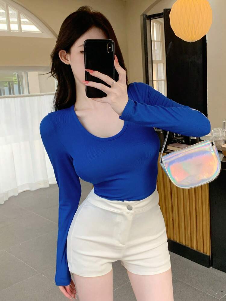 Ladies' Slim Fit Long Sleeve T-Shirt With Ribbed Design,Fall Clothes,Back To School Clothes