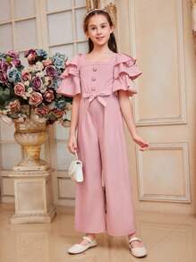 SHEIN Tween Girl Cute Button Detail Square Neck Multi-Layer Ruffle Trim Wide Leg Jumpsuit - Pink - View 1