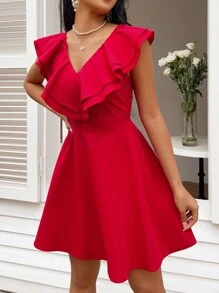 SHEIN Privé 女士接口條紋和荷葉邊連衣裙 - 紅色 - 查看 6