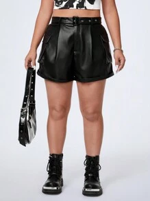 SHEIN EZwear CURVE Plus Size Solid Color Pleated Rolled Hem Shorts - Black - View 1
