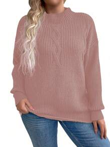 SHEIN LUNE Suéter de cuello redondo de manga larga con caída de hombros para mujer de talla grande, tejido, para otoño e invierno - Rosa - Ver 3
