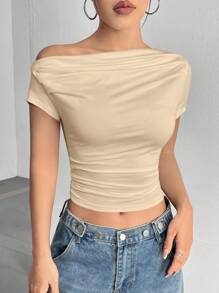 SHEIN Unity Solid Color Asymmetric Neckline Short Cropped T-Shirt With Pleats - Apricot - View 4