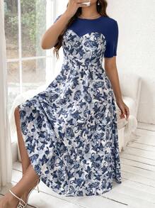Mulvari Vestido De Talla Grande Con Estampado De Flores De Anacardo Y Parches
