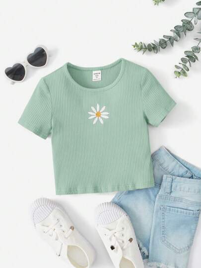 SHEIN Leap Crew 年輕女孩針織休閒短袖刺繡T卹，露脐上衣