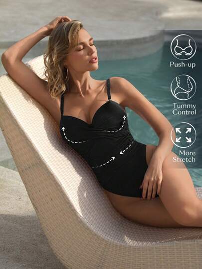 Swim Chiccia 夏季沙灘女式純色褶皺連身泳衣（附肩帶）