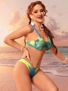 SHEIN Swim Conjunto de bikini con textura teñida anudada para mujer, playa de verano