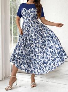 Mulvari Vestido De Talla Grande Con Estampado De Flores De Anacardo Y Parches