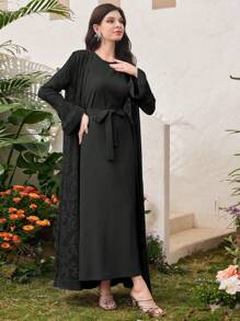 Al Najma Solid Color Modest Long Sleeve Arabian Dress And Jacquard Front Open Abaya, Fashion Robe Abaya For Casual/Festival/Gathering/Travel