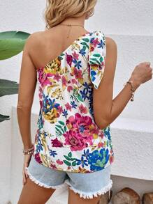 SHEIN LUNE Floral Print One Shoulder Casual Shirt - Multicolor - View 4