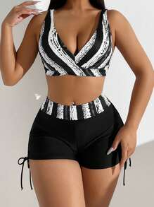 SHEIN Swim 女性成熟魅力條紋比基尼套裝 - 黑與白 - 查看 1