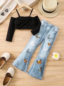 SHEIN Chica Joven Camiseta de hombros descubiertos & Pantalones acampanados con estampado de mariposa