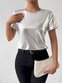 SHEIN Privé Camiseta Plateada Con Cuello Redondo Para Mujer - Plateado - Ver 5