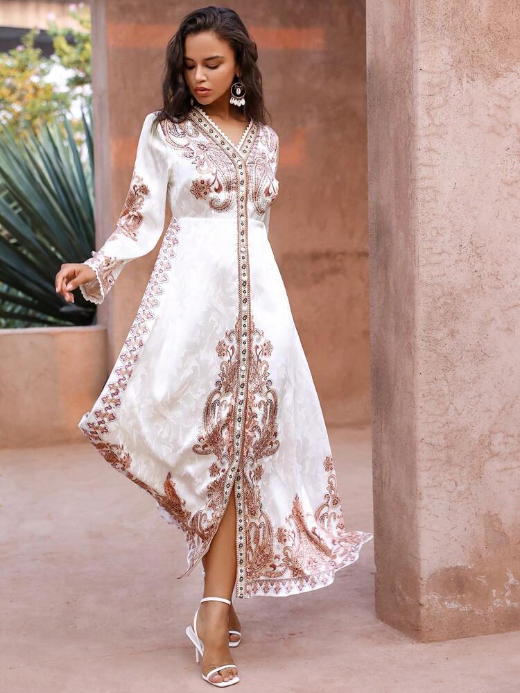 Vestido de manga larga con cuello en V clásico y estampado jacquard retro