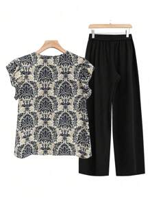EMERY ROSE Plus Size Women's Plant Printed Round Neck Cap Sleeve Top And Pants Two-Piece Set - Black - View 2
