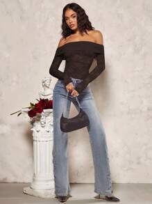 SHEIN x Carly Lawrence SHEIN BAE Sexy See-Through Lace Splicing Off Shoulder Long Sleeve T-Shirt For Romantic Valentine's Day Date,Ladies Sexy Ruched,Sheer Regular Sleeve Off The Shoulder Slim Fit Coffee Brown Plain Women Tops,Spring/Fall,Casual Daily Wear