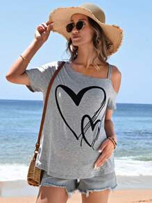 SHEIN Maternity Tropical Holiday Oblique Shoulder Short Sleeve Top With Heart Pattern - Grey - View 5