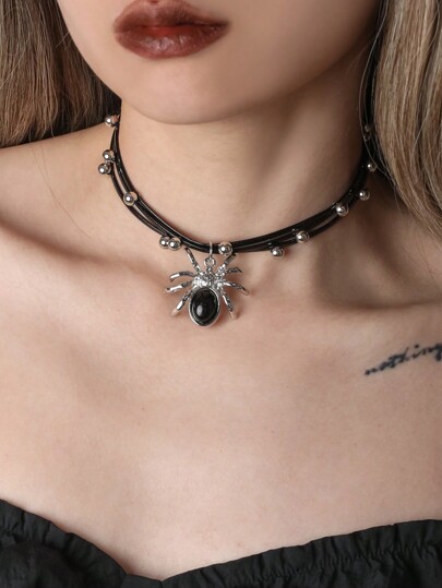 Goth Metallic Spider Design Pendant Choker Necklace