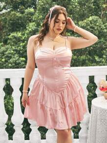 Dreamara Plus Size Cerise Pink Summer Cute Wedding Guest Satin Lace Ruffle Hem A-Line Cami Dress, Corset Style Bodycon Vacation Beach Pleated Dresses - Pink - View 1