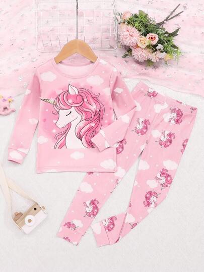 Young Girl Pink Cloud Unicorn Long Sleeve Snug Fit Pajama Set With Long Pants