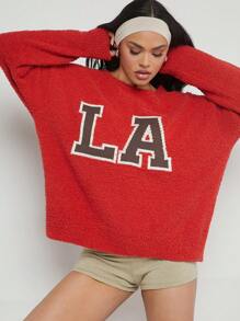 Denimoi Letter Pattern Drop Shoulder Sweater - Red - View 1