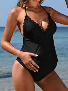 SHEIN Conjunto de tankini de maternidad de unicolor con escote en V y cuello halter para el verano, traje de baño de maternidad