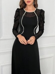 Modelyn Vestido feminino com decote redondo e contraste de renda e manga gigot, roupa maxi feminina, vestidos longos de noite - Preto - Ver 4