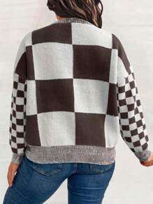 SHEIN LUNE Plus Size Color Block Checkerboard Sweater Knit Pullover Fall Winter - Multicolor - View 2