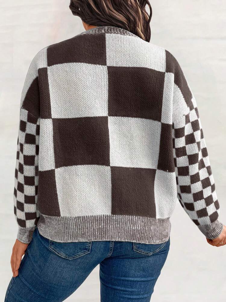 Plus Size Color Block Checkerboard Sweater Knit Pullover Fall Winter