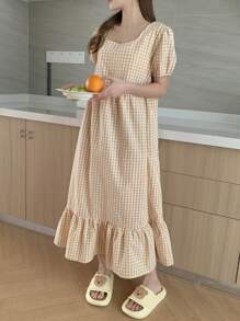 DAZY 女士格紋甜心領短氣泡袖睡衣裙 - 黃色 - 查看 7