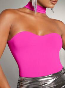SHEIN BAE Ladies' Solid Color Halter Neck Bodysuit - Hot Pink - View 4