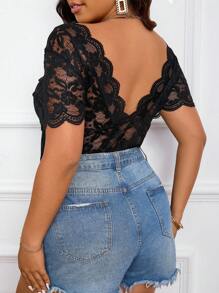 SHEIN Frenchy Plus Size Women's Lace Backless Top - Black - View 4