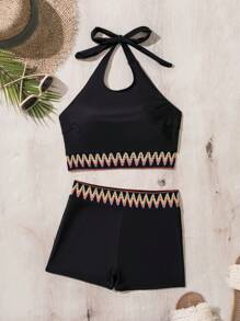 Swim Lushoire 女士拼布波浪编织肩带比基尼套装分体比基尼套装泳装泳衣沙滩装夏季度假、夏季海滩