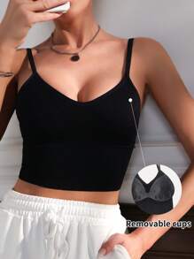 Women's Adjustable Strap Tank Top With Removable Padded Bra - Black - View 3