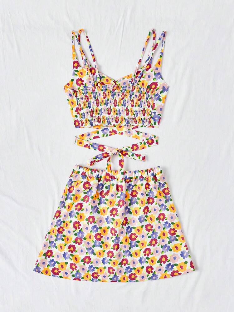 Women's Floral Print Cross Wrap Tie Back Cami Top And Skirt Set