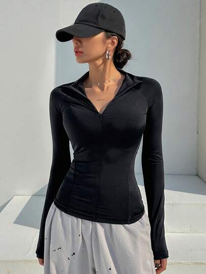 DAZY Women's Solid Color Long Raglan Sleeve T-Shirt With Zippered Placket Long Sleeve Women Tops