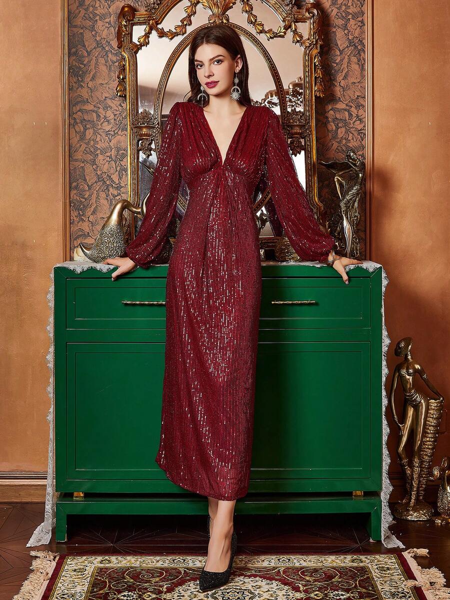 Burgundy Sequined Deep V-Neck Lantern Sleeve Cocktail Dress - Burgundy - View 1