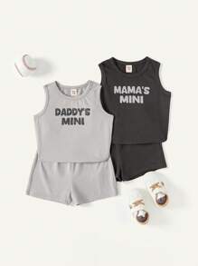 Cozy Pixies Áo ba lỗ không tay cổ tròn in chữ cho bé trai và quần short thường ngày 4 cái/bộ Bộ đồ phù hợp - Xám - Xem 11