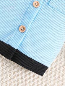 Conjunto De Camisa De Manga Corta Con Cuello De Cuadros Estilo Elegante De Caballero Para Niño Y Shorts Con Diseño De Bloque De Color - Multicolor - Ver 5