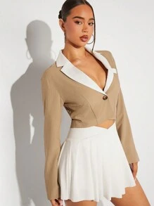 Hauture Fashion Contrast Lapel Neck Pinstripe Crop Blazer - Multicolor - View 1